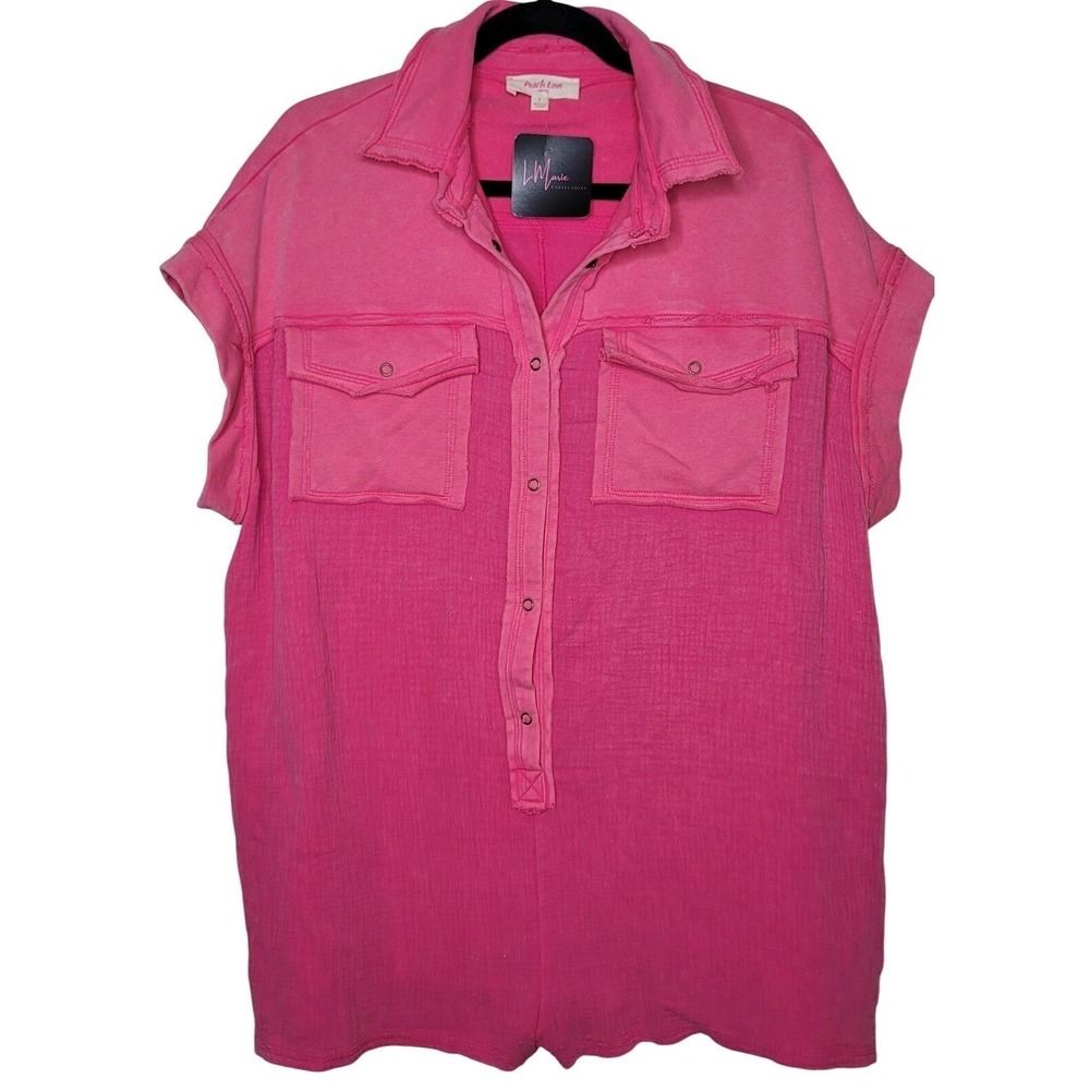 NWT Peach Love Hot Pink Romper Size Large Women's Button Down Mineral Washed